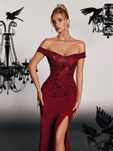 VIPGIRL Off-The-Shoulder Beaded Sheath Evening Dress With Cap Sleeves And High Slit For Women Formal & Evening Dresses Elegant Prom Wedding Guest Gown, For Graduation, Dinner